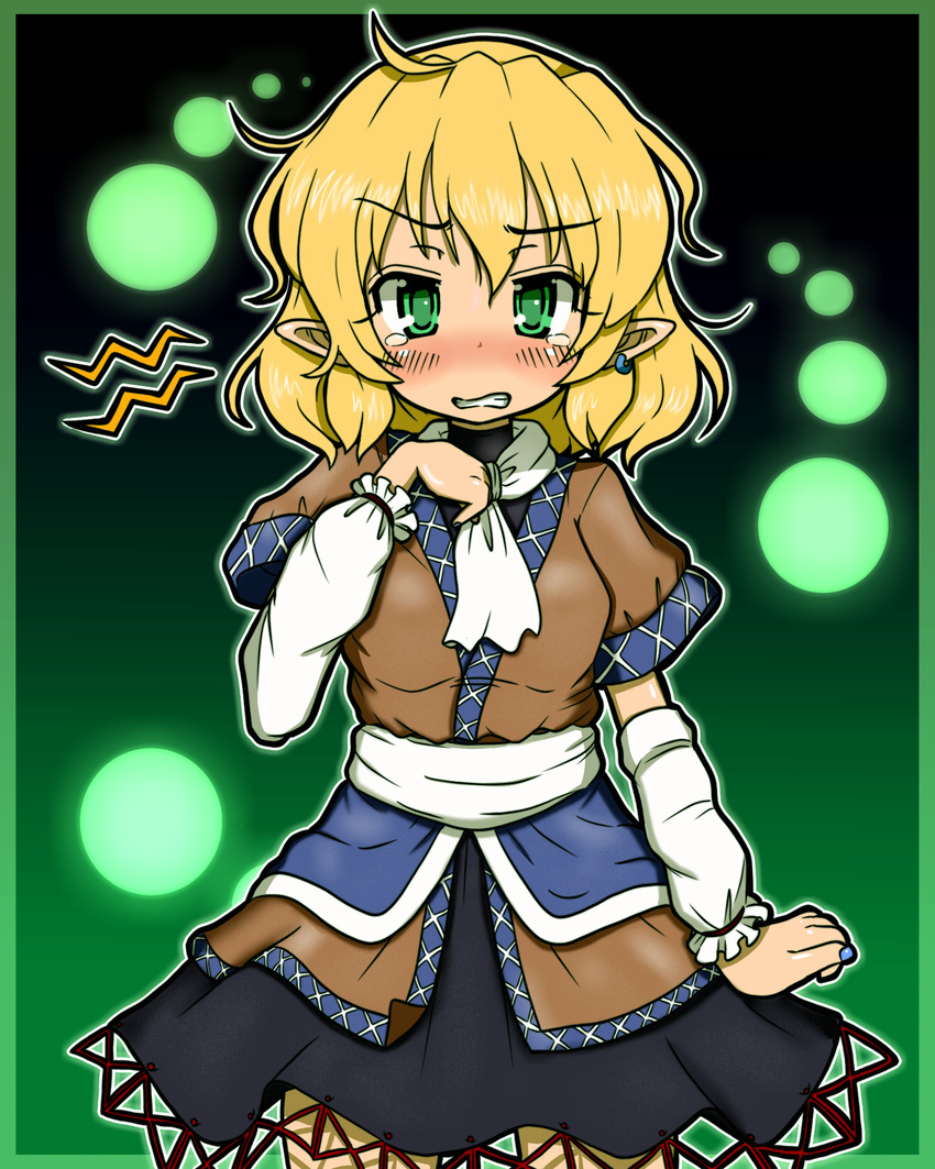 arm_warmers blonde_hair blue_nails blush earrings eruru_(erl) frame green_eyes highres jewelry looking_at_viewer mizuhashi_parsee nail_polish pointy_ears sash scarf shirt short_hair short_sleeves single_earring skirt solo tears touhou wavy_mouth