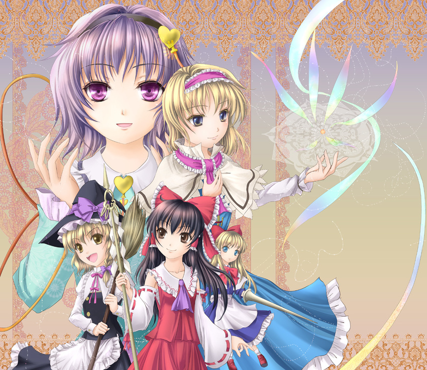 alice_margatroid ascot blonde_hair blue_eyes brown_eyes doily doll hakurei_reimu hand_on_own_chest kirisame_marisa komeiji_satori lace_background multiple_girls purple_eyes shanghai_doll short_hair touhou weapon yellow_eyes yuki_shuuka