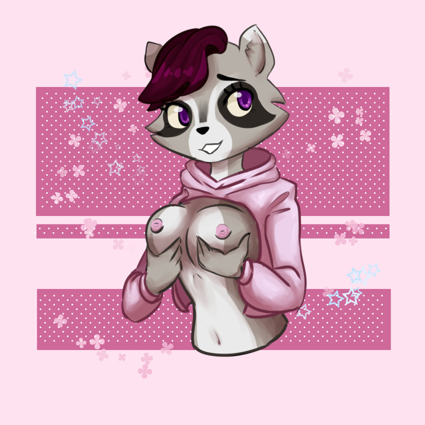 2018 anthro breasts clothed clothing female grin hair hi_res hoodie jacket mammal maroon_(marshmellowstyx) marshmellowstyx midriff nipples partially_clothed procyonid purple_eyes raccoon short_hair smile soft_shading solo sweater toony