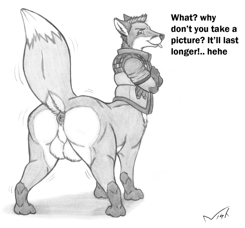 _viewer balls big_balls butt canine english_text fox foxtaur greyscale invalid_tag inviting looking_at looking_at_viewer male mammal monochrome nisharu pencil plain_background presenting raised_tail solo taur text white_background