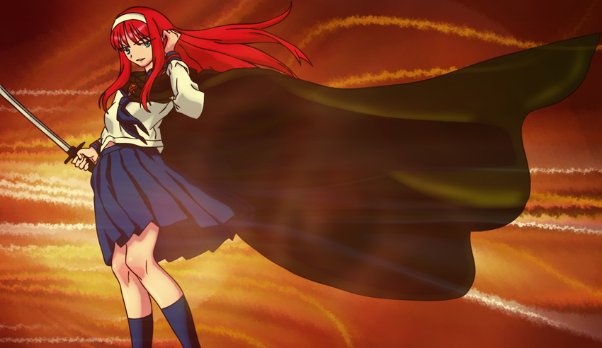 blue_eyes blue_skirt bow cape cosplay drawfag hairband highres long_hair long_skirt parody pleated_skirt red_hair school_uniform serafuku shakugan_no_shana shana shana_(cosplay) sidelocks skirt smile socks solo sword toono_akiha tsukihime vermillion_akiha weapon white_hairband