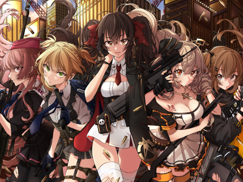 5girls :d :o absurdres anti-materiel_rifle bangs black_gloves black_jacket black_legwear black_skirt black_vest blonde_hair blue_gloves blue_neckwear blush bow breasts brown_eyes brown_hair building bullet cleavage closed_mouth collared_shirt commentary_request cross cross_necklace dress_shirt eyebrows_visible_through_hair fingerless_gloves floating_hair garrison_cap girls_frontline gloves green_eyes gun h&amp;k_ump9 hair_between_eyes hair_bow half_gloves handgun hands_up hat head_tilt highres holding holding_gun holding_weapon holster huge_filesize ithaca_m37 ithaca_m37_(girls_frontline) jacket jewelry large_breasts looking_at_viewer multiple_girls necklace necktie ntw-20 ntw-20_(girls_frontline) object_namesake open_mouth osanai pantyhose parted_lips pistol pleated_skirt profile qbz-97 qbz-97_(girls_frontline) red_bow red_hat red_neckwear rifle shirt short_necktie short_sleeves short_twintails shotgun single_fingerless_glove skirt skyscraper small_breasts smile sniper_rifle striped suppressor thigh_holster thighhighs torn_clothes torn_legwear twintails two_side_up ump9_(girls_frontline) vertical-striped_skirt vertical-striped_vest vertical_stripes vest weapon welrod_mk2_(girls_frontline) white_legwear white_shirt white_skirt