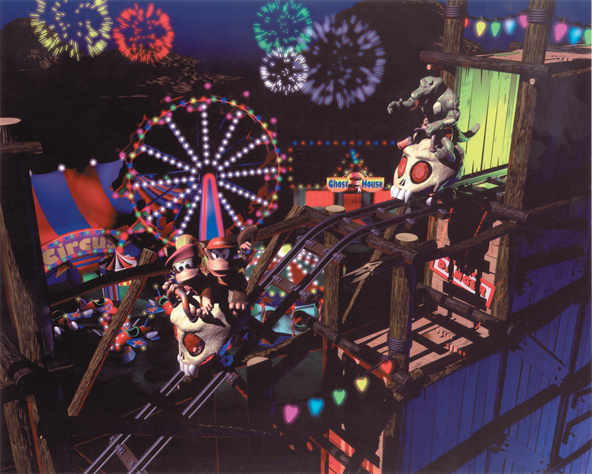 diddy_kong dixie_kong donkey_kong_country_2 klomp nintendo official_art rareware roller_coaster