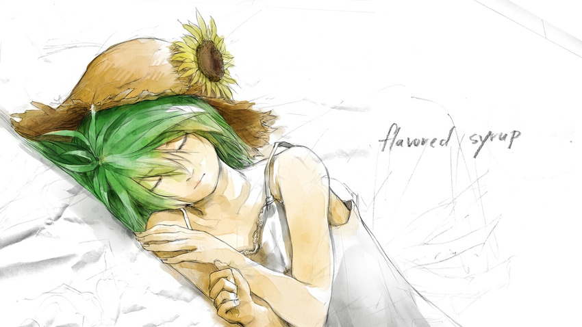 camisole closed_eyes flower green_hair gumi hat loundraw short_hair sleeping solo sun_hat sunflower traditional_media vocaloid