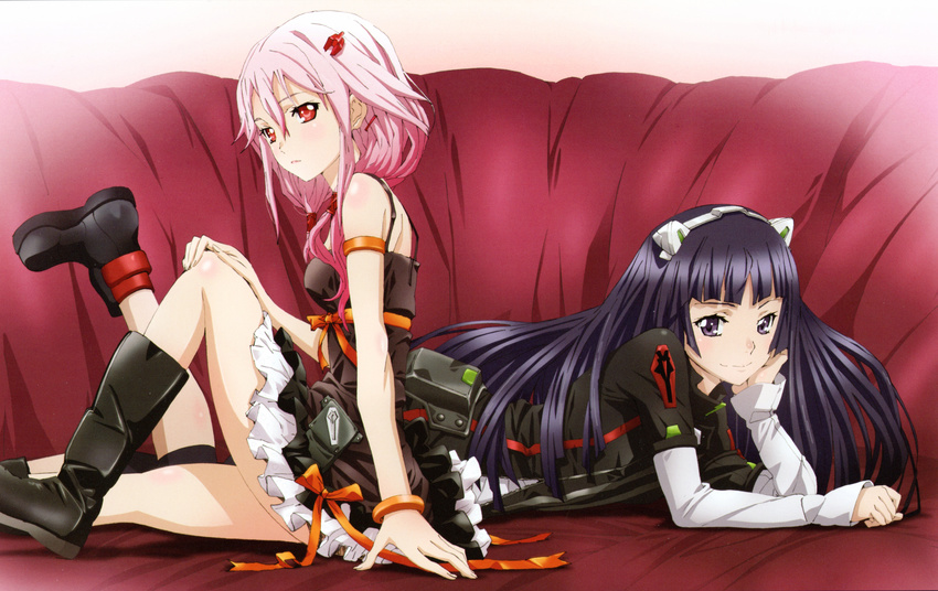 2girls absurdres bare_shoulders boots bracelet capri_pants dress guilty_crown hair_ornament hairclip hand_on_cheek hand_on_own_cheek hand_on_own_face highres jewelry katou_hiromi long_hair looking_at_viewer lying multiple_girls on_stomach pants pink_hair purple_eyes purple_hair red_eyes robot_ears sitting smile tsugumi_(guilty_crown) yuzuriha_inori