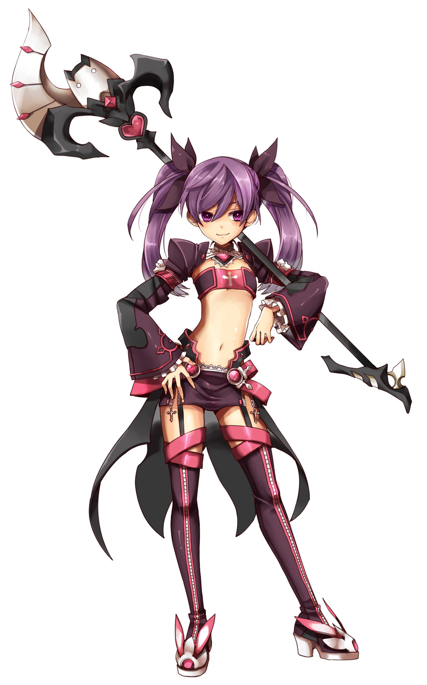 aisha_(elsword) bad_id bad_pixiv_id bandeau boots contrapposto detached_collar elsword flat_chest full_body garter_straps hand_on_hip highres holding holding_wand limble long_hair midriff navel over_shoulder purple_eyes purple_footwear purple_hair purple_legwear purple_skirt purple_sleeves skirt smile solo staff standing thigh_boots thighhighs twintails void_princess_(elsword) wand white_background