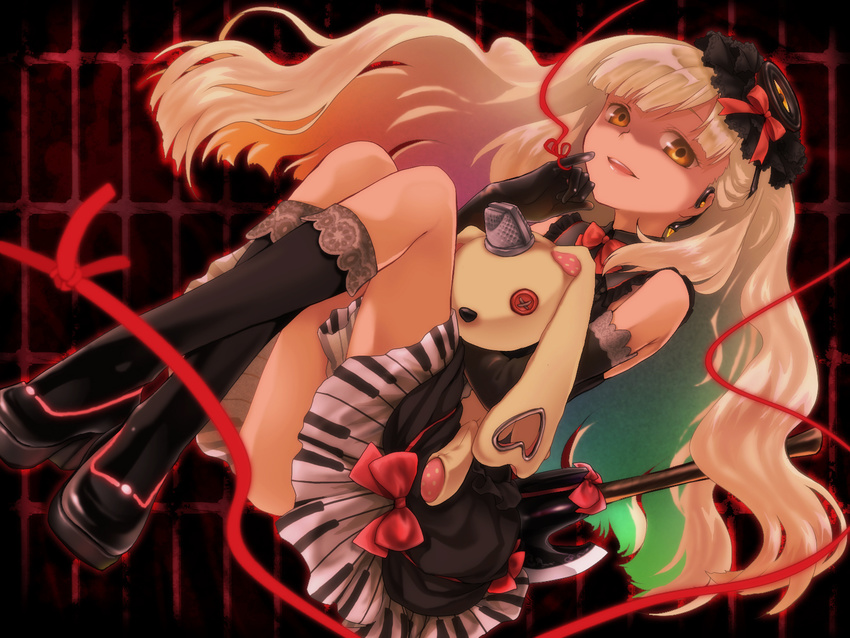 axe doll elbow_gloves gloves highres long_hair mayu_(vocaloid) oumi_sanaka red_string solo string stuffed_animal stuffed_bunny stuffed_toy usano_mimi vocaloid weapon