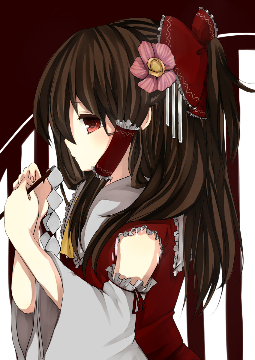 ai_1003 bad_id bad_pixiv_id bow brown_hair detached_sleeves flower gohei hair_bow hair_flower hair_ornament hakurei_reimu highres holding long_hair profile red_eyes solo touhou