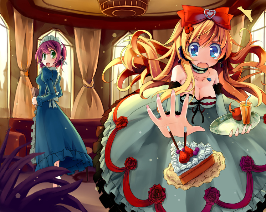 2girls :o blonde_hair blue_eyes bow breasts cake choker cleavage dress drink drinking_straw fingernails food green_eyes hair_bow highres hoshi_no_gen jewelry large_breasts maid maid_headdress medium_breasts multiple_girls necklace no_nose open_mouth original purple_hair teardrop tears tripping