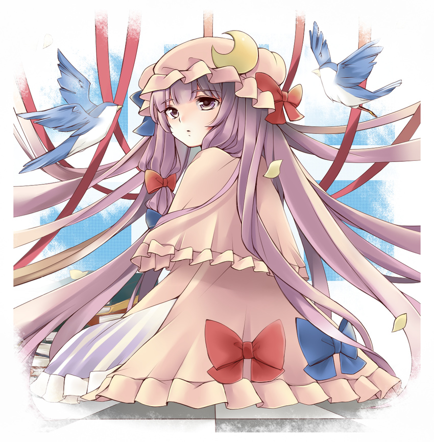 bad_id bad_pixiv_id bird bow capelet coat crescent dress hair_ribbon hat long_hair looking_back open_clothes open_coat patchouli_knowledge purple_dress purple_eyes purple_hair ribbon richard_(ri39p) sitting solo striped striped_dress touhou very_long_hair