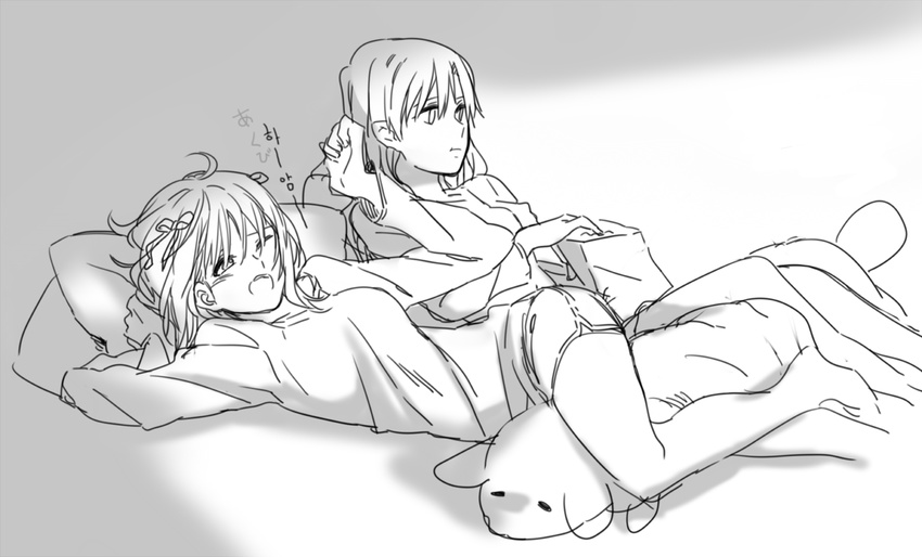 amami_haruka bad_id bad_pixiv_id barefoot bed body_pillow eating electric_flower greyscale idolmaster idolmaster_(classic) kisaragi_chihaya long_hair lying monochrome multiple_girls one_eye_closed pillow short_hair sleepwear snack yawning