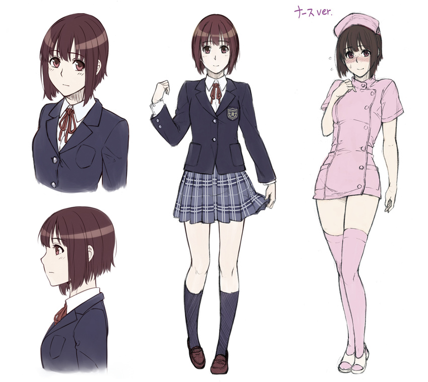 black_hair blush bob_cut character_sheet copyright_request dress_shirt flying_sweatdrops hat kneehighs korisei light_smile loafers nurse nurse_cap pink_legwear plaid plaid_skirt profile school_uniform shirt shoes short_hair sketch skirt skirt_hold thighhighs