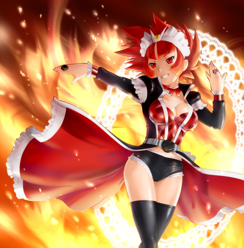 :d adapted_costume belt black_legwear boyshorts breasts cleavage cowboy_shot doily fire flame frills genderswap genderswap_(mtf) grin jewelry kamen_rider kamen_rider_wizard kamen_rider_wizard_(series) large_breasts magic_circle maid_headdress open_mouth outstretched_arm overskirt personification pose red_eyes red_hair ring smile solo standing teeth thighhighs ueyama_michirou