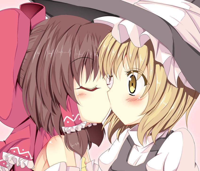 ascot bad_id bad_pixiv_id bare_shoulders blonde_hair blush bow brown_hair detached_sleeves hair_bow hair_tubes hakurei_reimu hat highres kirisame_marisa kiss multiple_girls shefu short_hair touhou witch_hat yellow_eyes yuri