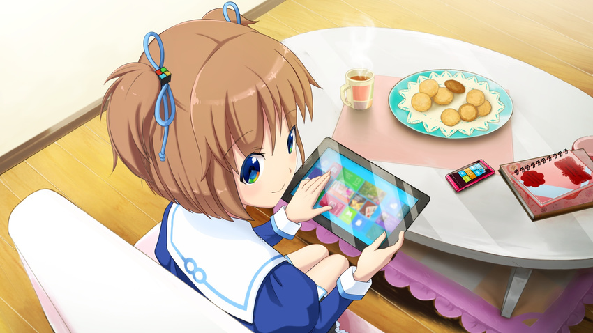 artist_request cookie cup food from_behind highres long_sleeves looking_back madobe_yuu microsoft notebook os-tan package plate sitting smile solo table tablet tablet_pc windows_8