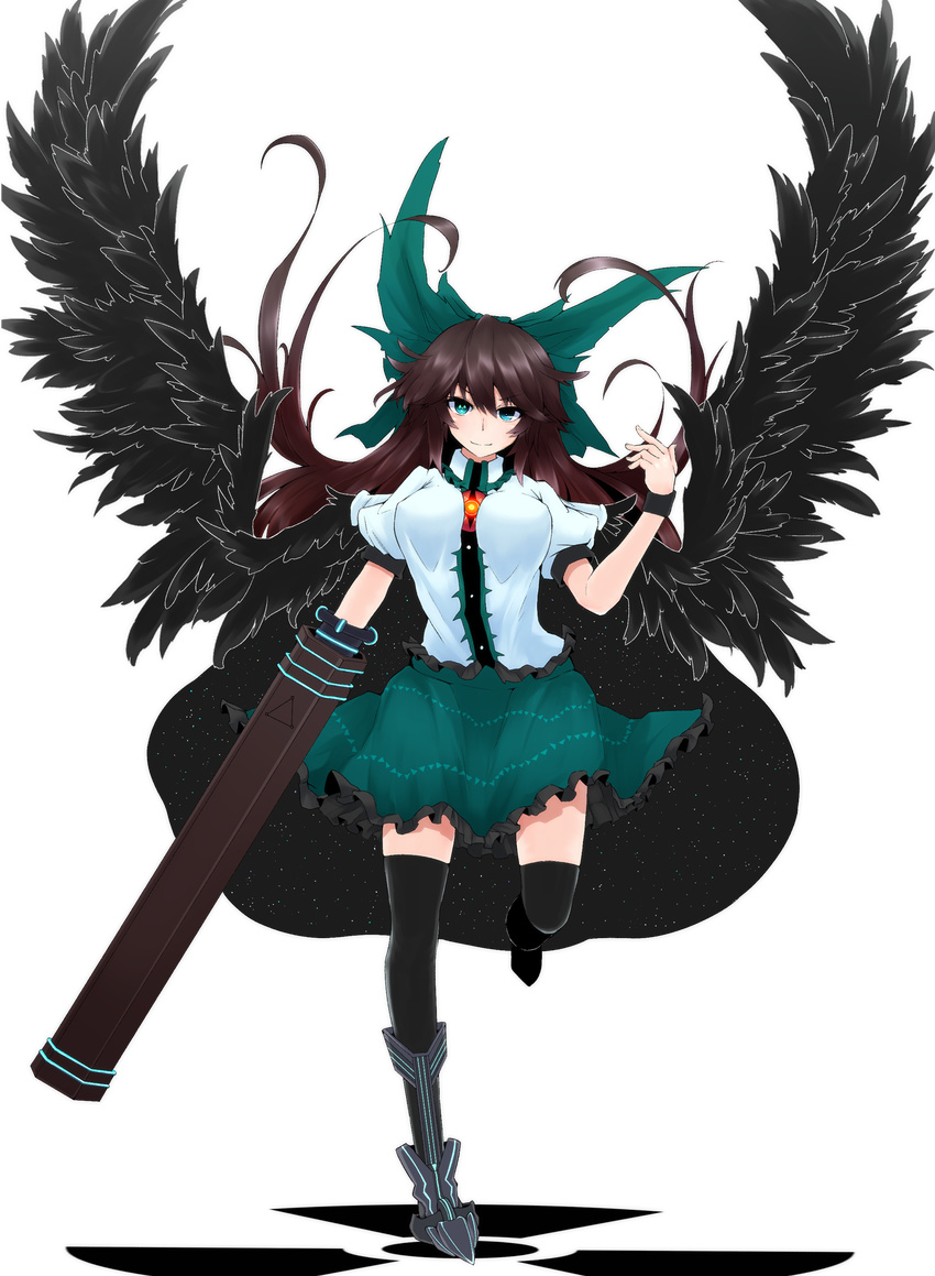 arm_cannon black_legwear black_wings blush bow breasts brown_hair cape green_eyes hair_bow highres large_breasts long_hair radiation_symbol reiuji_utsuho rihito_(usazukin) skirt smile solo symbol-shaped_pupils thighhighs third_eye touhou weapon wings