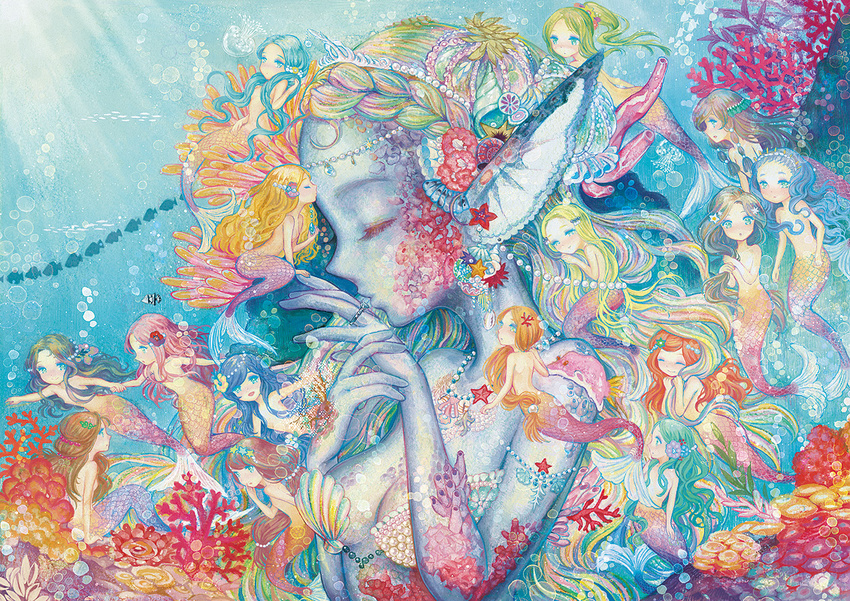 animal bangs blonde_hair blue_eyes blue_hair blue_skin breasts brown_hair bubble circlet cleavage closed_eyes coral eyebrows faux_traditional_media fins fish giantess green_hair hair_censor head_fins holding_hands jellyfish jewelry light_rays long_hair mermaid monster_girl multiple_girls necklace nude original pearl pink_hair ponytail red_hair ring scales seashell shell small_breasts starfish submerged sunbeam sunlight swept_bangs takatora tiara underwater very_long_hair