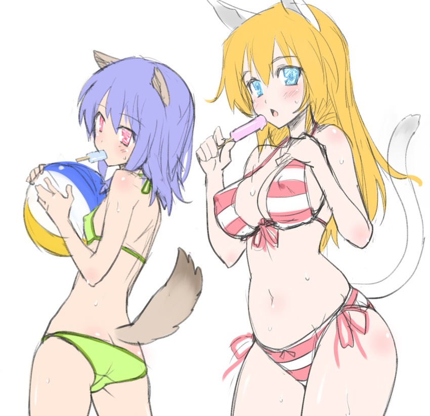 :o animal_ears ball beachball bikini blonde_hair blue_eyes blue_hair blush breasts cat_ears cat_tail food green_bikini holding holding_ball itoji large_breasts long_hair mouth_hold multiple_girls original pink_eyes popsicle side-tie_bikini sketch small_breasts striped striped_bikini striped_swimsuit sweat swimsuit tail