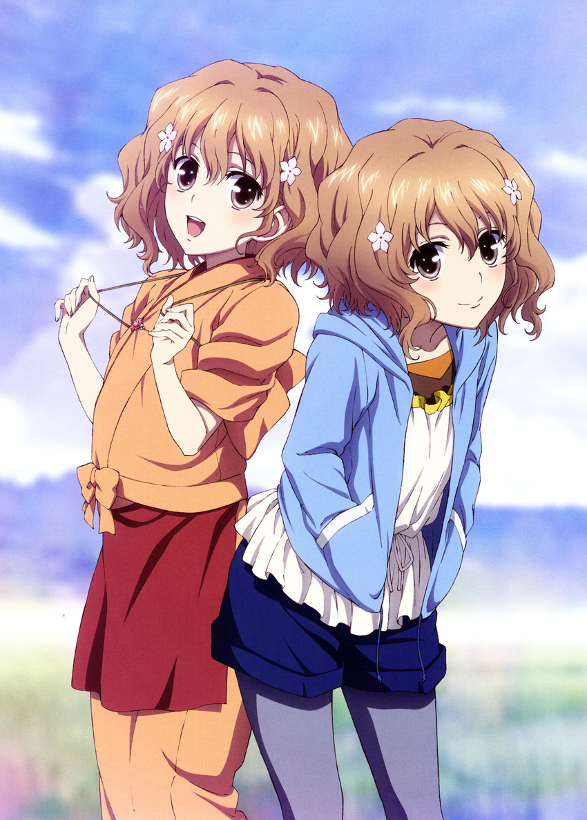 absurdres brown_eyes brown_hair casual dual_persona flower hair_flower hair_ornament hanasaku_iroha highres hood hooded_jacket hoodie jacket japanese_clothes kissuisou_uniform leggings legwear_under_shorts matsumae_ohana multiple_girls nakai_(waitress) shadow short_hair shorts waitress