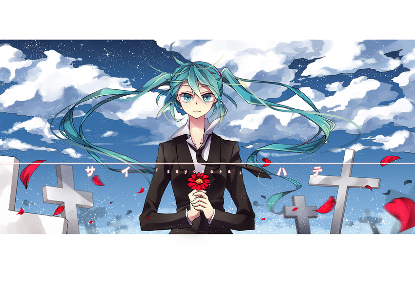 bad_id bad_pixiv_id cloud cross hatsune_miku iku2727 long_hair necktie petals saihate_(vocaloid) solo star_(sky) vocaloid