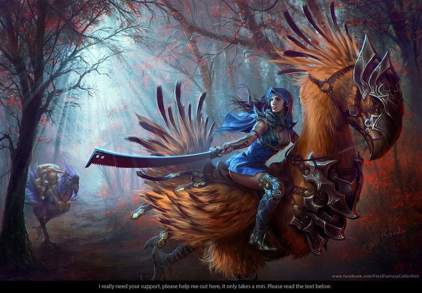 armor bird black_hair blue_mage boots breasts chocobo english feathers final_fantasy final_fantasy_xi floating_hair forest goblin_(final_fantasy) large_breasts looking_back moonlight nature randis realistic riding scar signature sword watermark weapon web_address