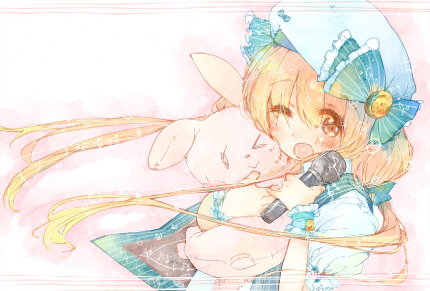 ;d blonde_hair blush futaba_anzu hair_ribbon holding idolmaster idolmaster_cinderella_girls long_hair looking_at_viewer microphone one_eye_closed open_mouth ribbon shipu_(toppintetratorten) smile solo stuffed_animal stuffed_bunny stuffed_toy twintails wrist_cuffs yellow_eyes