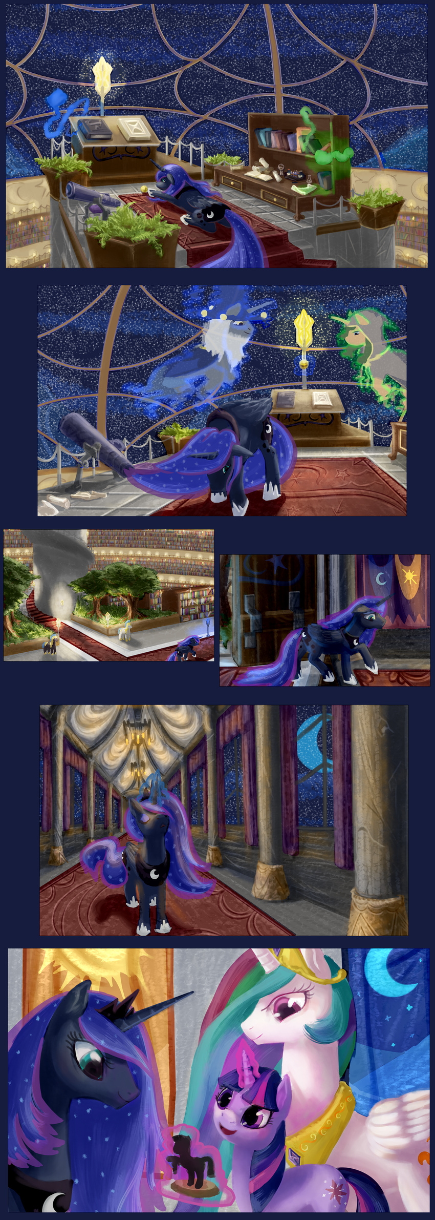 blue_hair book castle clever_clover_(mlp) cloak comic crown cutie_mark equine female feral friendship_is_magic gift hair hat hood horn horse long_hair magic male mammal moon multi-colored_hair my_little_pony night pony princess princess_celestia_(mlp) princess_luna_(mlp) purple_eyes radicalmori royal_guard_(mlp) royalty scroll spirit starswirl_the_bearded_(mlp) statuette teal_eyes telescope twilight_sparkle_(mlp) unicorn winged_unicorn wings