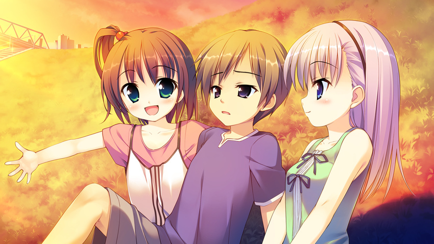 2girls :d aete_mushisuru_kimi_to_no_mirai blue_eyes blush brown_hair casual child game_cg girl_sandwich green_eyes hair_bobbles hair_ornament hairband lavender_hair light_smile manabe_kei multiple_girls open_mouth outstretched_arm outstretched_hand purple_eyes sandwiched side_ponytail smile takoyaki_(roast) tanaka_ruru younger