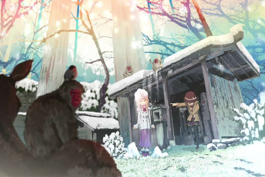 :d bad_id bad_pixiv_id bare_tree black_legwear blonde_hair brown_hair day hat highres jacket kyoto laughing maribel_hearn monkey multiple_girls nature open_mouth outdoors pointing real_world_location scenery short_hair smile snow stone_lantern thighhighs tokoroten_(hmmuk) touhou tree usami_renko winter