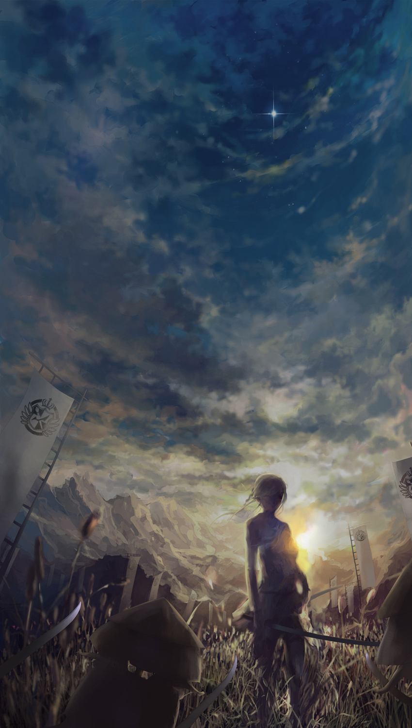 absurdres banner cloud danganronpa flag highres katana nobori nyarko pekoyama_peko scenery sky solo star_(sky) starry_sky sun sunset super_danganronpa_2 sword weapon