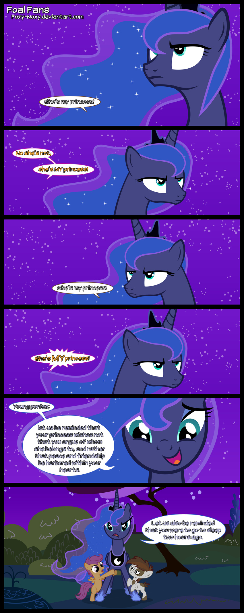 blue_hair brown_hair comic crown cub english_text equine female feral foxy-noxy friendship_is_magic hair horn horse long_hair male mammal my_little_pony night outside pegasus pipsqueak_(mlp) pony princess_luna_(mlp) purple_eyes purple_hair royalty scootaloo_(mlp) stars teal_eyes text winged_unicorn wings young