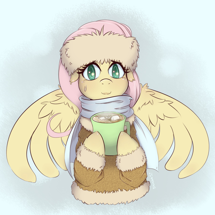 chocolate clothed clothing equine female fluttershy_(mlp) friendship_is_magic fur green_eyes hair horse looking_at_viewer mammal my_little_pony pegasus pink_hair plain_background pony scarf signature solo spread_wings thisisbalooga white_background wings yellow_fur