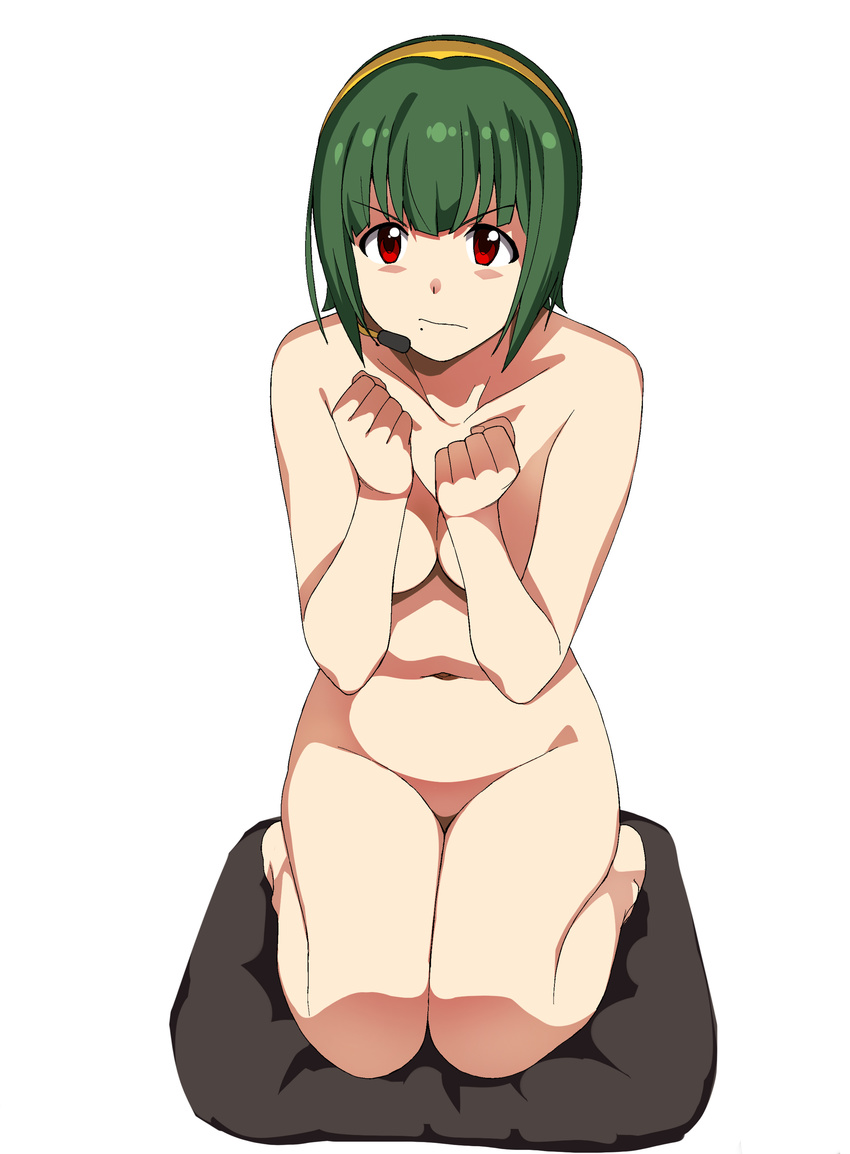 1girl a1 absurdres bob_cut breasts cleavage clenched_hand collarbone fist green_hair headset highres idolmaster kneeling legs mole mound_of_venus navel nude okappa otonashi_kotori red_eyes seiza short_hair simple_background sitting solo thighs white_background zabuton