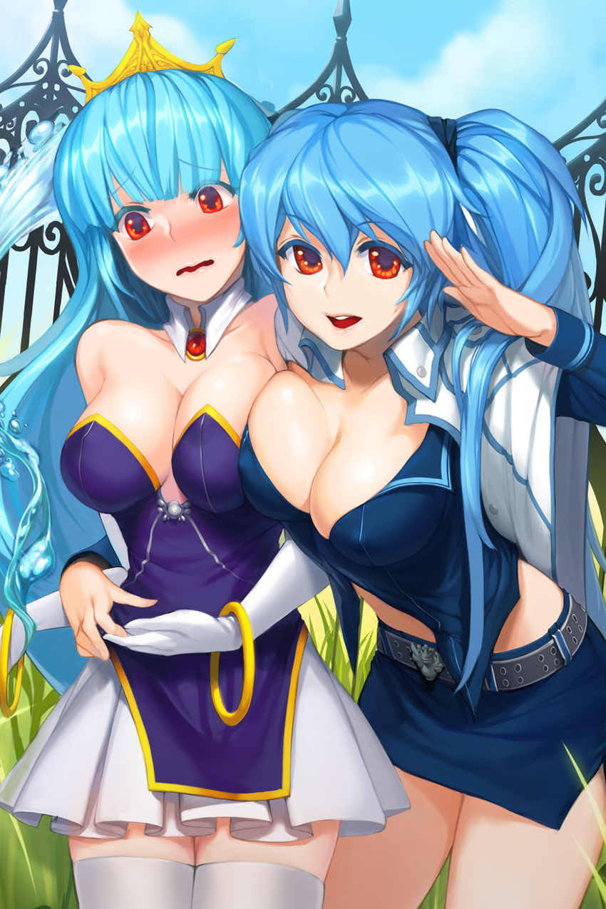 asymmetrical_docking belt blue_hair blush bracelet breast_press breasts character_request cleavage collarbone covered_nipples detached_collar elbow_gloves gloves highres jewelry large_breasts legs long_hair looking_at_viewer luthica_preventer midriff miniskirt multiple_girls pleated_skirt red_eyes salute skirt smile snowball22 sword_girls thighhighs thighs tiara twintails wavy_mouth white_gloves white_legwear