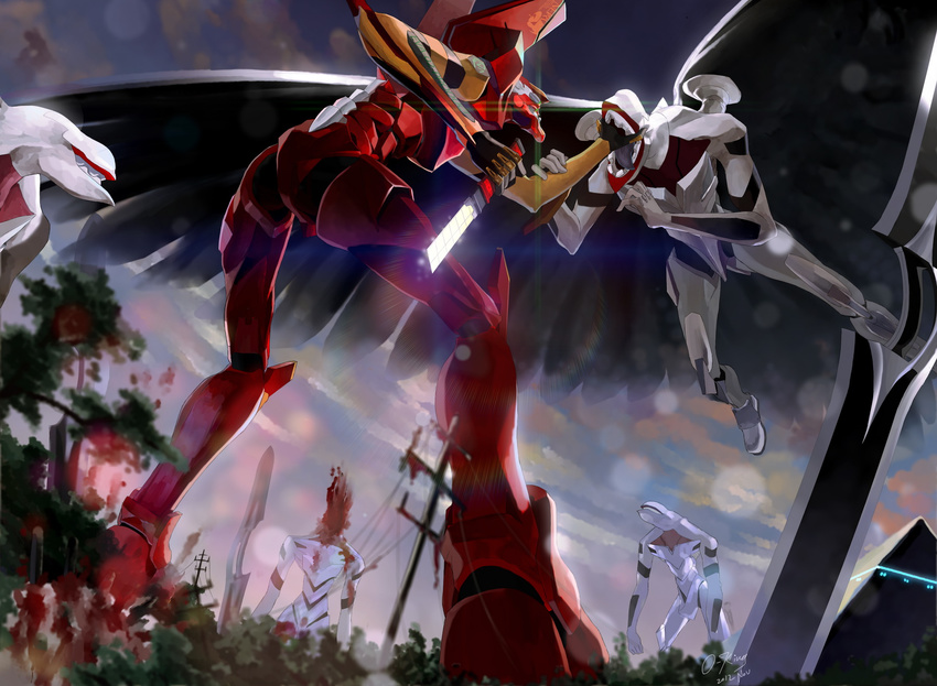 battle blood end_of_evangelion eva_02 from_below glowing highres injury knife mass_production_eva mecha neon_genesis_evangelion no_humans okingjo open_mouth power_lines progressive_knife pyramid sword telephone_pole tongue weapon