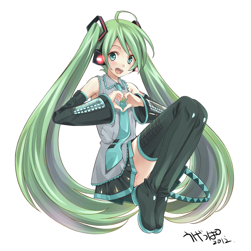 2012 :d ahoge artist_name boots dated detached_sleeves green_eyes green_hair hatsune_miku headphones heart heart_hands highres long_hair looking_at_viewer necktie open_mouth signature simple_background sitting skirt smile solo thigh_boots thighhighs twintails ugeppa very_long_hair vocaloid white_background