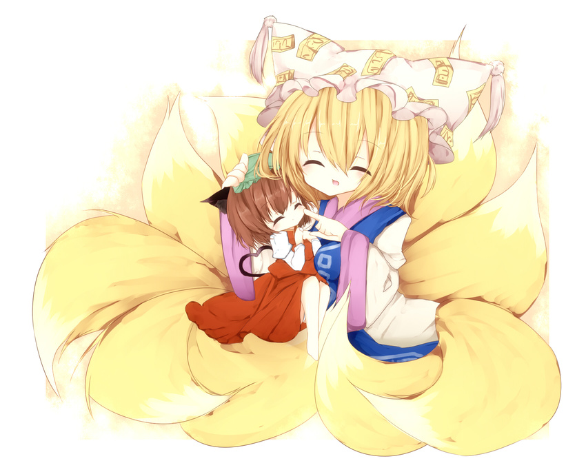 a-iueo animal_ears blonde_hair breast_smother brown_hair cat_ears cat_tail cheek_poking chen closed_eyes dress fox_tail hand_on_head hat heart heart_tail highres juliet_sleeves long_sleeves multiple_girls open_mouth poking puffy_sleeves shirt sitting sitting_on_another's_tail sitting_on_own_tail skirt tabard tail touhou vest white_dress wide_sleeves yakumo_ran