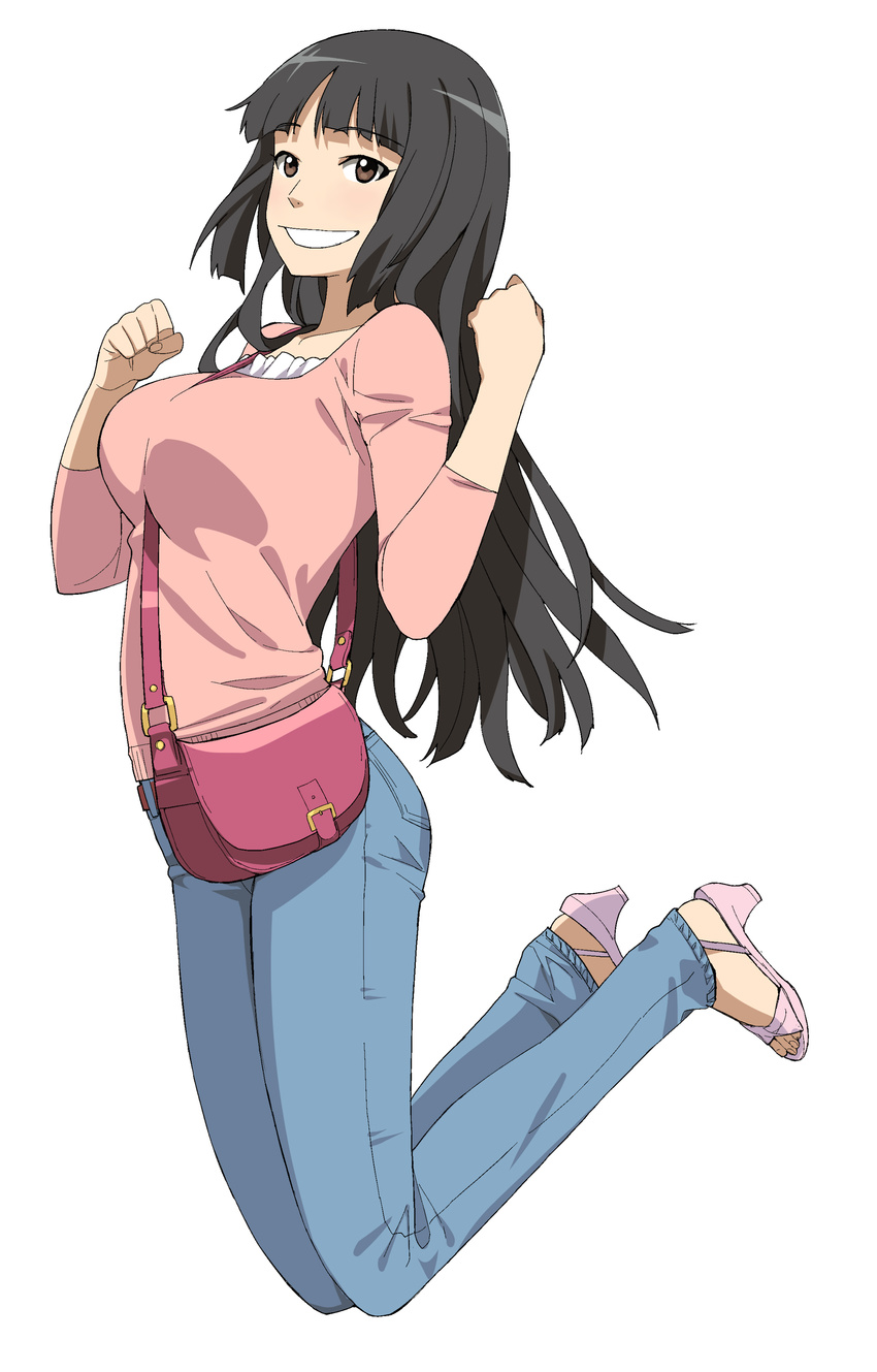 a1 absurdres bag black_hair breasts character_request denim handbag high_heels highres jeans jumping large_breasts long_hair looking_at_viewer open_shoes pants purse sandals shoes simple_background smile solo source_request toes white_background