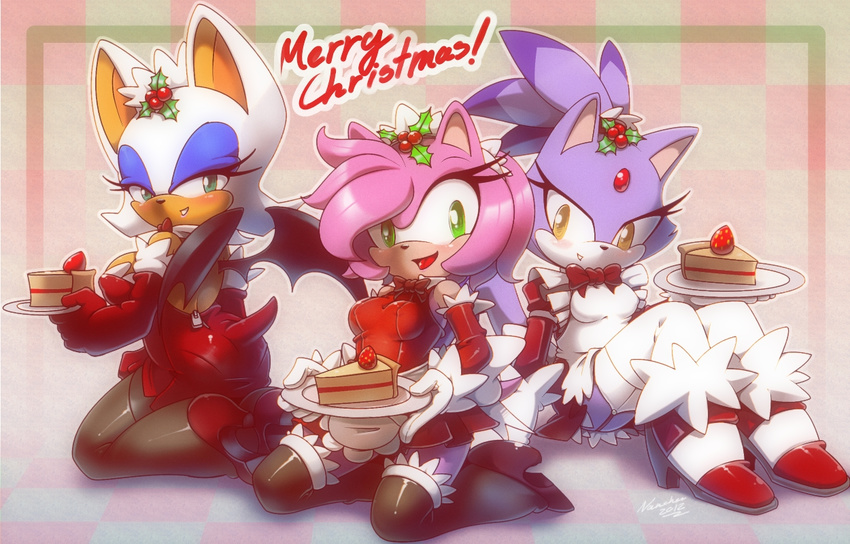 amber_eyes amy_rose anthro big_breasts blaze_the_cat blush breasts butt cake clothing female food fur gloves green_eyes hair hedgehog inviting legwear looking_at_viewer looking_back maid maid_uniform mammal nancher open_mouth pink_hair purple_fur rouge_the_bat seductive sega smile sonic_(series) stockings tongue white_hair wings