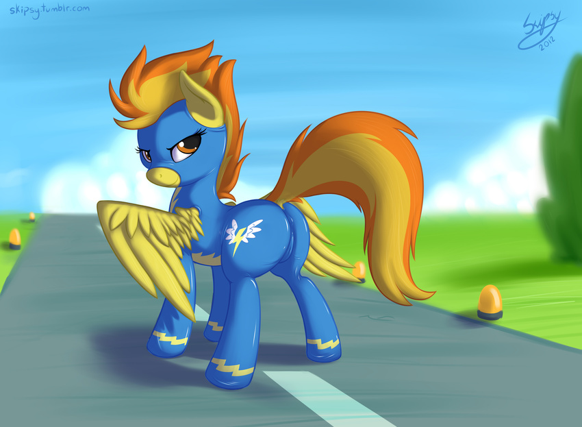 amber_eyes anus butt camel_toe clothing cloud equine female feral flight_suit friendship_is_magic grass hair looking_at_viewer looking_back mammal my_little_pony outside pegasus presenting presenting_hindquarters pussy road skipsy sky solo spitfire_(mlp) tight_clothing two_tone_hair wings wonderbolts_(mlp)