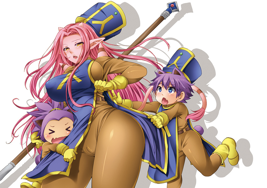 &gt;_&lt; 2boys animal_ears ayakase_riberi blue_eyes blush bodysuit boots breasts cameltoe cat_ears cat_tail closed_eyes cosplay covered_nipples dragon_quest dragon_quest_iii dragon_quest_x gloves hips horns huge_breasts long_hair looking_up mitre multiple_boys nipples ogre_(dq10) open_mouth pink_hair pointy_ears priest_(dq3) priest_(dq3)_(cosplay) puklipo purple_hair red_skin shadow short_hair simple_background skin_tight smile tabard tail tattoo weapon white_background wide_hips yellow_eyes