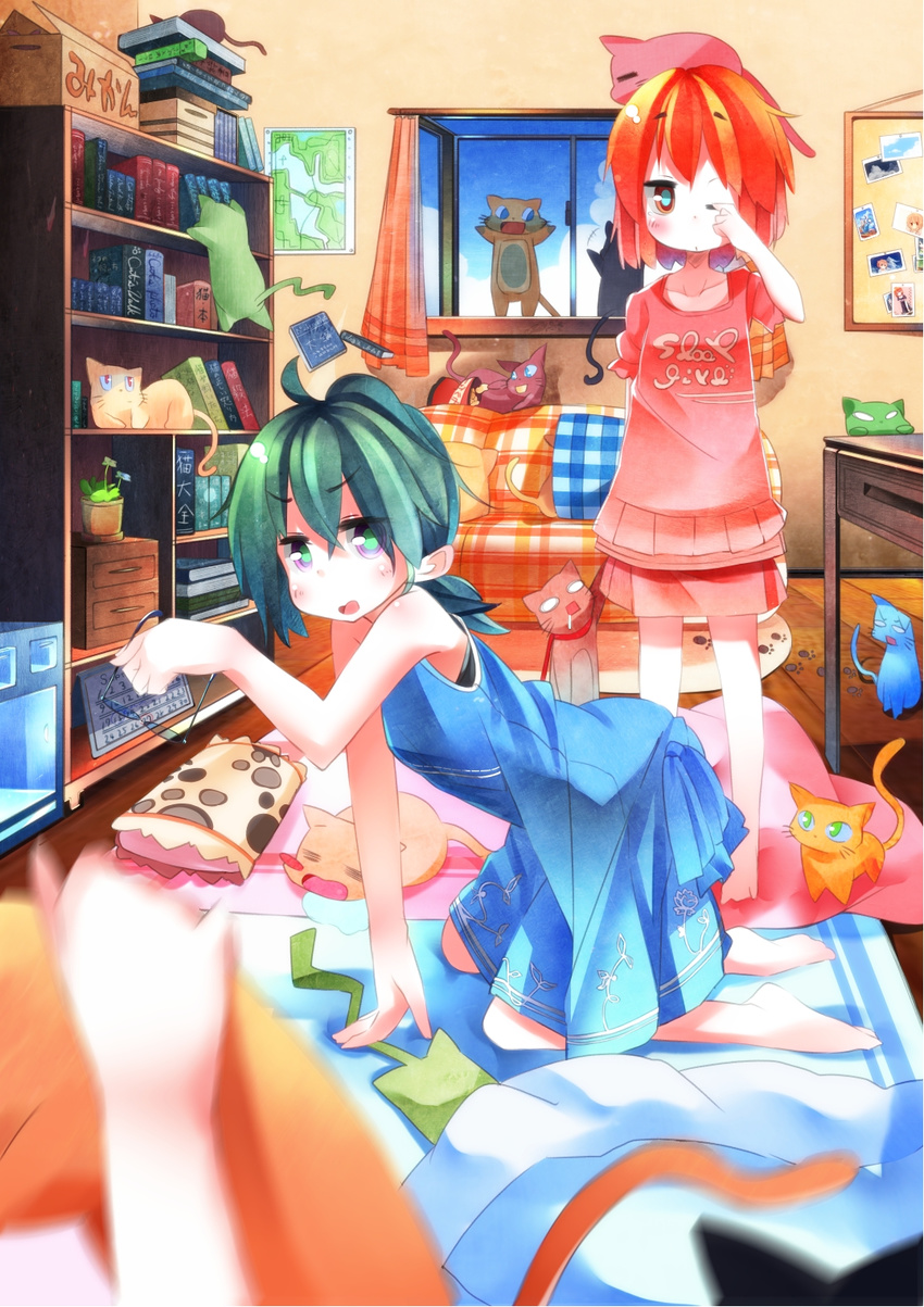 ai_(fujiwara_gacho) animal animal_on_head blurry blush cat cat_on_head clothes_writing depth_of_field fujiwara_gacho futon fuu-chan_(fujiwara_gacho) glasses green_eyes green_hair highres holding holding_eyewear motion_blur multicolored multicolored_eyes multiple_girls on_head orange_eyes orange_hair original purple_eyes short_hair sleepy too_many too_many_cats window