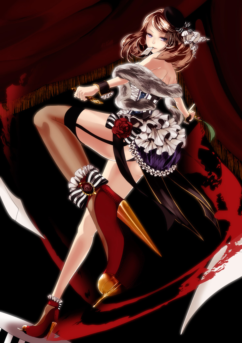 brown_hair feather_boa garter_belt hat high_heels highres letter memai original princess_royale purple_eyes shoes short_hair solo the_red_shoes_(andersen) thighhighs