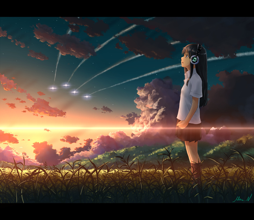 aircraft airplane black_hair brown_eyes condensation_trail field headphones highres lens_flare letterboxed long_hair mac_naut original profile red scenery skirt sky solo star sunset wheat