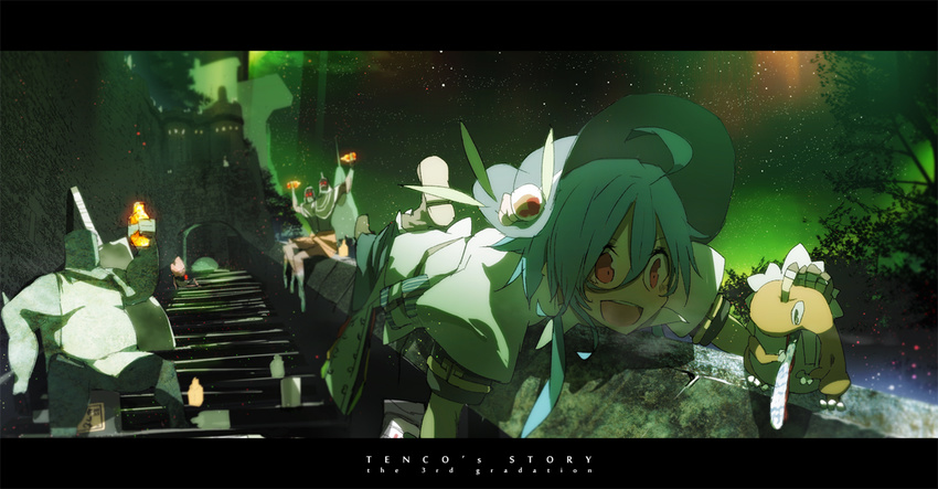 ahoge animal anime_coloring aurora blue_hair blurry bottle dark_souls depth_of_field drinking fingerless_gloves frog gloves hinanawi_tenshi letterboxed lying monster night night_sky on_stomach open_mouth red_eyes sidelocks siirakannu sky smile solo souls_(from_software) stairs star_(sky) touhou