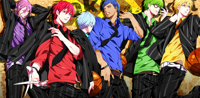 akashi_seijuurou aomine_daiki bandages basketball blonde_hair blue_eyes blue_hair formal glasses green_hair heterochromia highres kise_ryouta kuroko_no_basuke kuroko_tetsuya male_focus midorima_shintarou multiple_boys murasakibara_atsushi necktie purple_eyes purple_hair red_eyes red_hair scissors suit yellow_eyes yuna_(rutera)