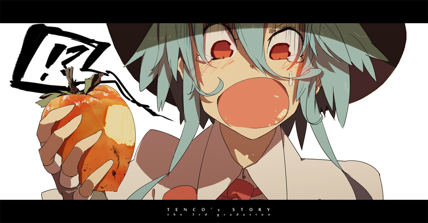 1girl blue_hair eating fingerless_gloves food gloves hat hinanawi_tenshi letterboxed open_mouth red_eyes shaded_face short_hair_with_long_locks sidelocks siirakannu solo tears touhou