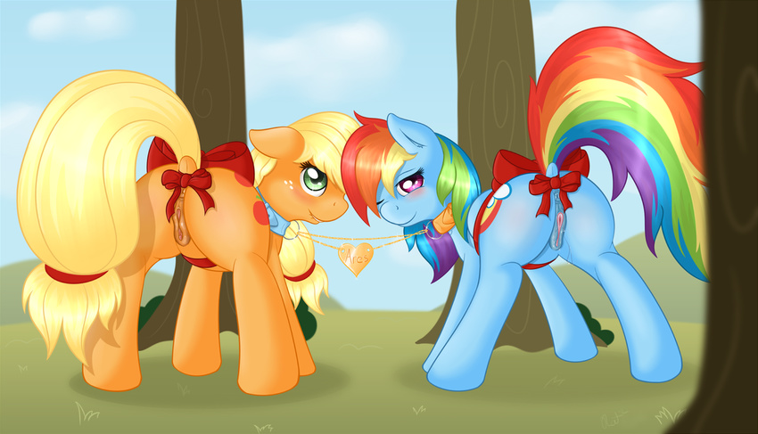 &lt;3 anatomically_correct anatomically_correct_pussy animal_genitalia anus applejack_(mlp) blonde_hair blush bow butt collar cutie_mark duo equine equine_pussy female feral freckles friendship_is_magic green_eyes hair horse looking_at_viewer looking_back mammal multi-colored_hair my_little_pony outside pegasus pony presenting presenting_hindquarters presenting_pussy purple_eyes pussy pussy_juice rainbow_dash_(mlp) rainbow_hair ratofdrawn tree wet_pussy wings