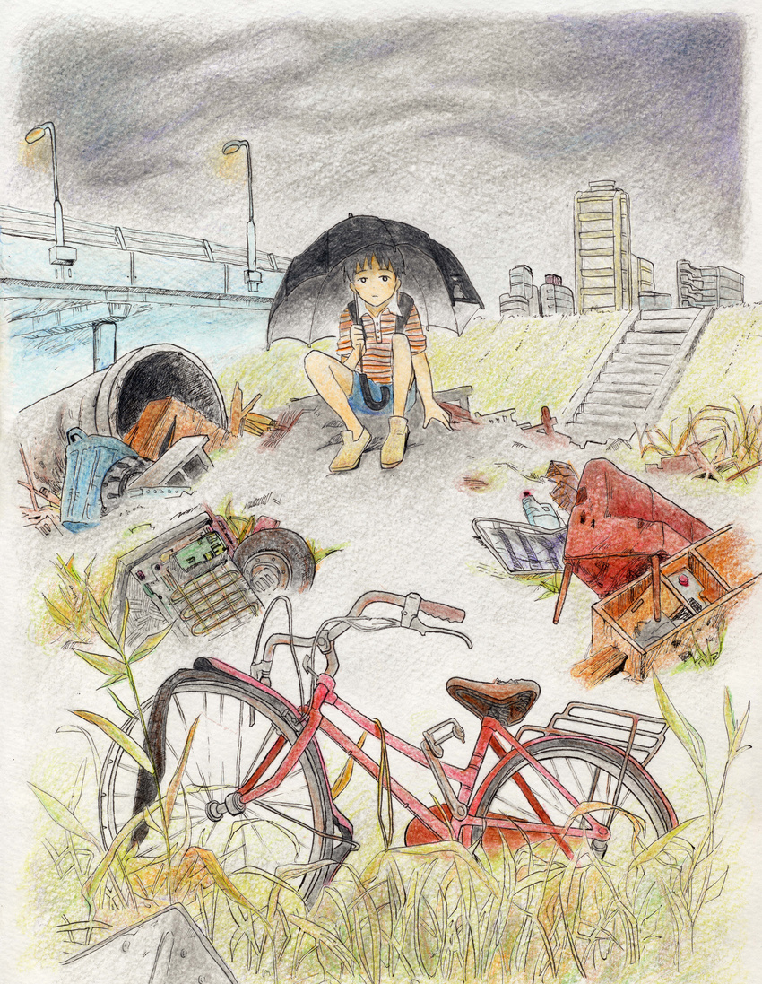absurdres bad_id bad_pixiv_id bicycle building colored_pencil_(medium) expressionless ground_vehicle highres ikari_shinji junk lamppost landfill male_focus neon_genesis_evangelion sitting solo traditional_media trash umbrella yknp younger