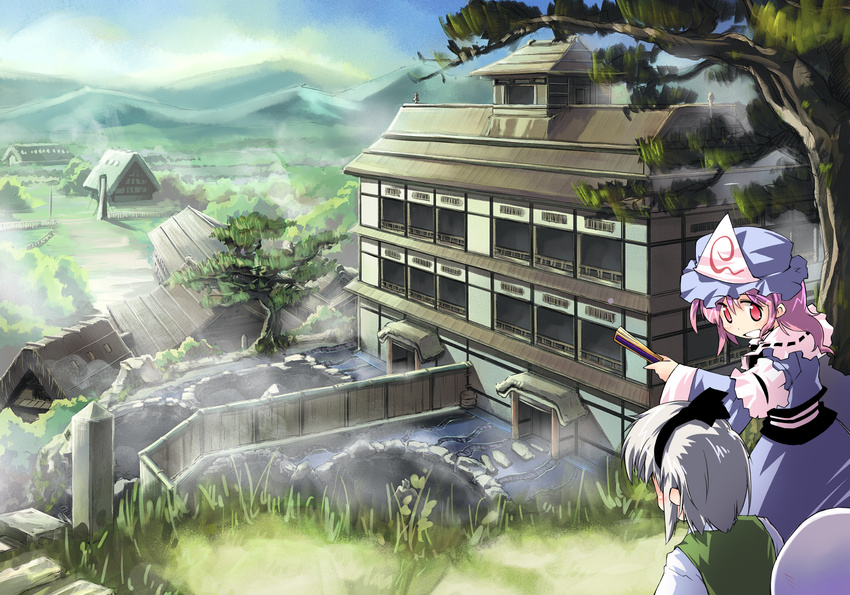 building fan ghost grass hat hitodama house japanese_clothes konpaku_youmu konpaku_youmu_(ghost) mountain multiple_girls nanaroku_(fortress76) onsen pink_eyes pink_hair saigyouji_yuyuko short_hair silver_hair smile touhou tree triangular_headpiece vest